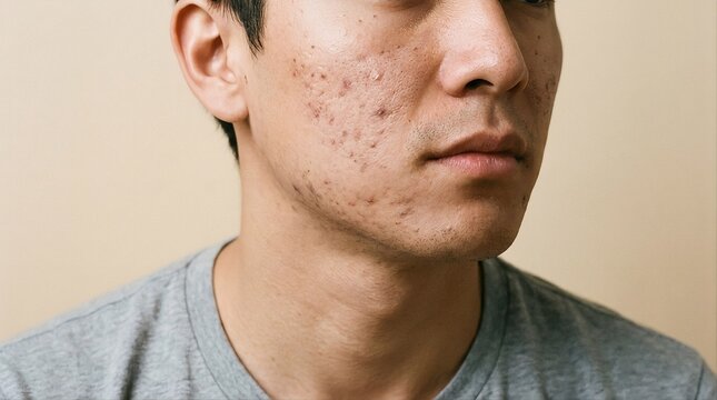 Close up shot of male face showing acne breakout and clogged pores.