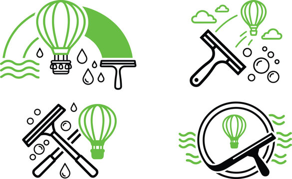 Window cleaning service vector logo icon set with squeegee scraper bubbles water drops and hot air balloons