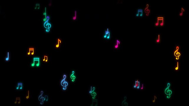 Music wallpaper with vibrant colorful musical notes on black backdrop