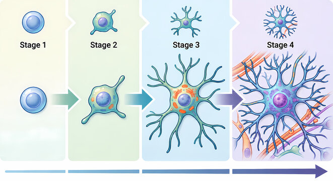 Neuron Differentiation Stages Diagram Showing Cell Development and Branching
