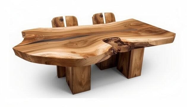 Wooden dining table set against a white background.