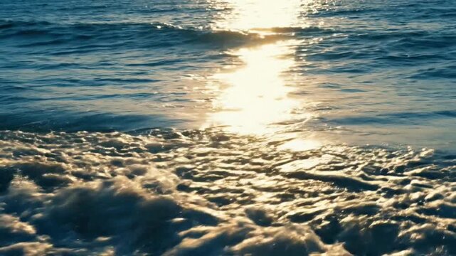 Sunlight paints the ocean surface with shimmering light as waves break, creating a dynamic and serene aquatic scene.