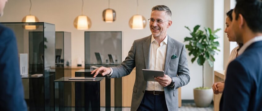Generative AI, Sales manager presenting products to clients with tablet