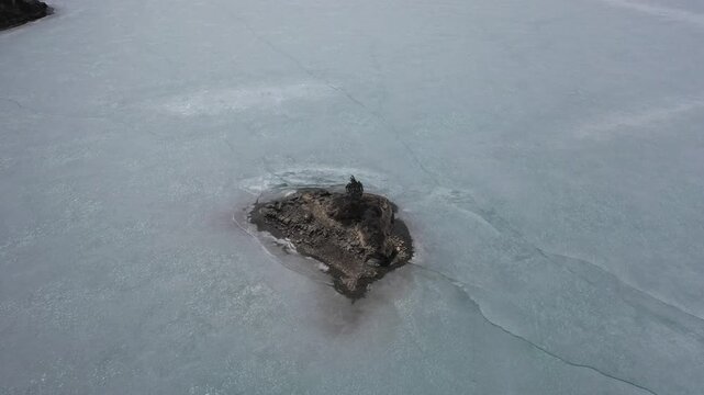 Aerial View of Frozen Rano Lake in Tibet