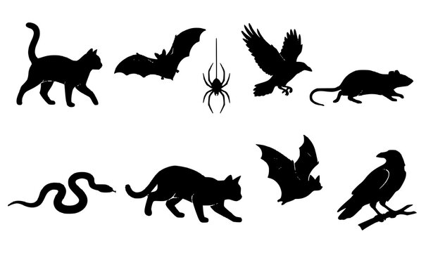 Spooky Halloween animal silhouette collection with cat bat spider and snake