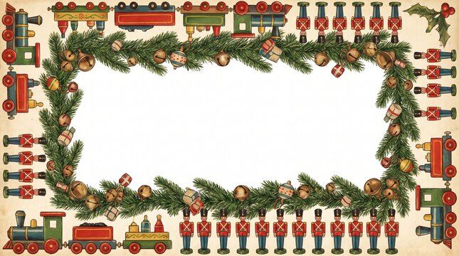 A vintage christmas border illustrating festive traditions with toy trains soldiers and charming victorian buildings