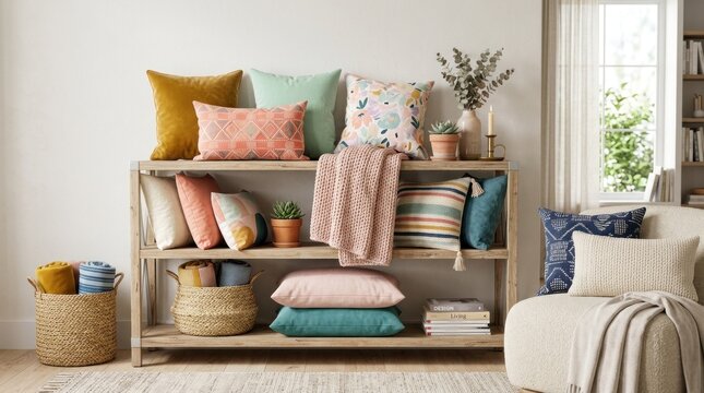 A wooden shelf with a variety of colorful pillows and blankets, placed against a white wall with a window and plants in the background.