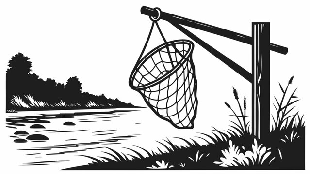 Fishing net hanging on a wooden post by the river with fishing trip outdoor activity outdoor life