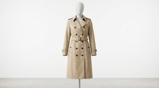 A beige trench coat on a mannequin against a plain white background.