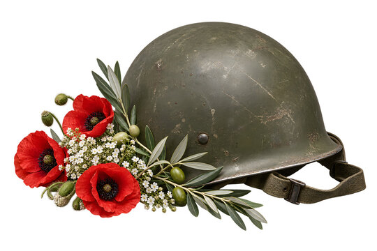 Vintage military helmet decorated with red poppy flowers and olive branches displayed on transparent background