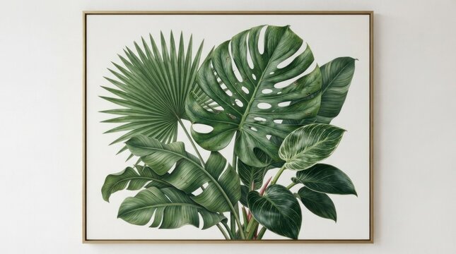 A framed botanical illustration of tropical leaves, including palm leaves and monstera leaves, against a white background with a gold frame.