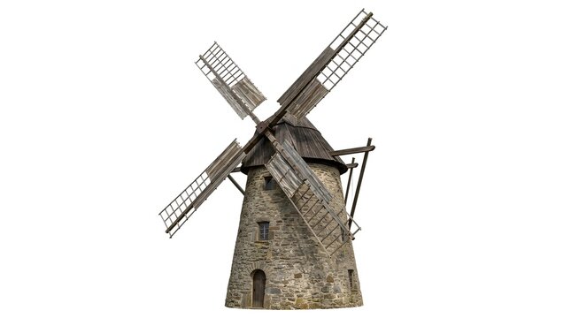 Historic stone windmill with wooden sails on white background