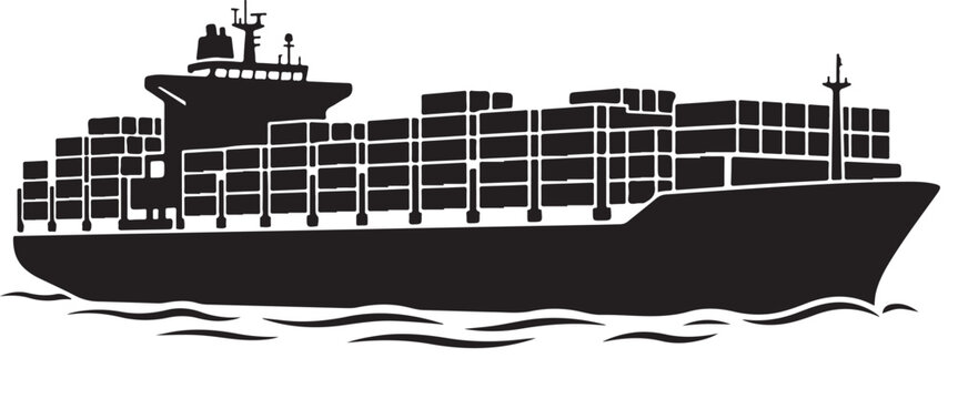 Large container cargo ship sailing ocean freight logistics solid black vector silhouette