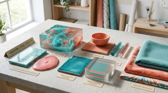 A variety of colorful resin pieces and materials on a table, including a large, transparent cube, a small, square piece, and a stack of towels.