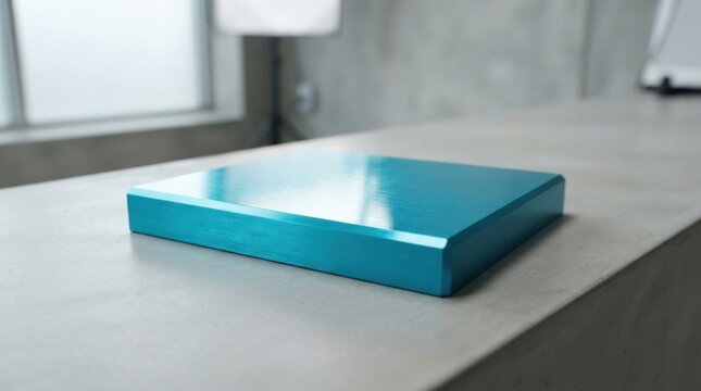 A blue rectangular object with a glossy surface, placed on a concrete surface with a concrete wall in the background.