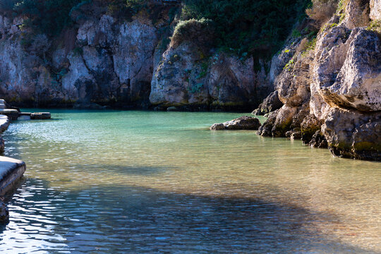 Binibeca cove with turquoise mediterranean sea water