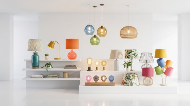 A modern living room with a white wall, shelves, and a variety of colorful lamps and light fixtures.