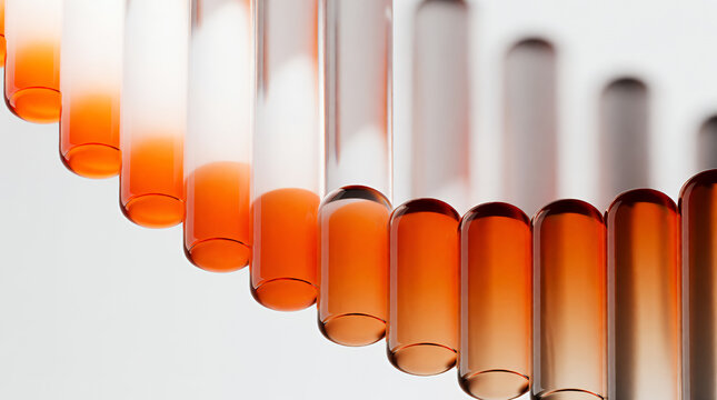 Colorful test tubes arranged in a spiral on a white background