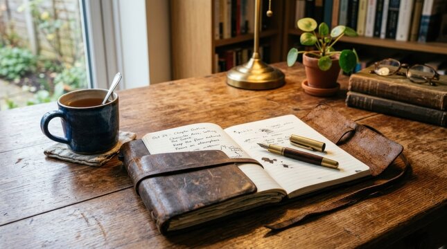 A rustic wooden table with a leather-bound journal, fountain pen, and a cup of tea, set against a cozy home office backdrop with books and a potted plant.