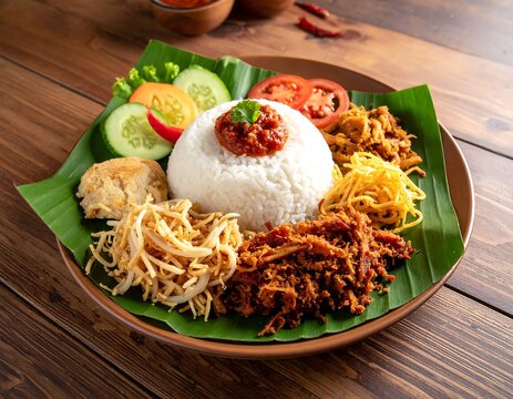 Authentic Indonesian Nasi Campur with Rice and Traditional Side Dishes