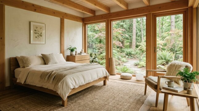 A serene bedroom with wooden beams, large windows, and a cozy rug, featuring a bed with a beige comforter and pillows, a wooden nightstand, and a white framed picture on the wall.