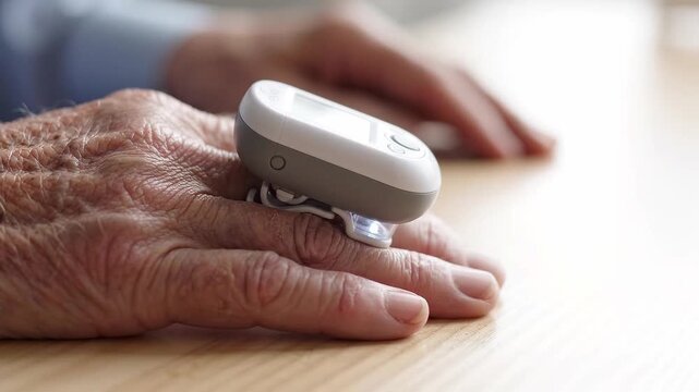 Elderly person using a pulse oximeter on a finger at home, illustrating health monitoring, oxygen measurement, senior care, and medical technology