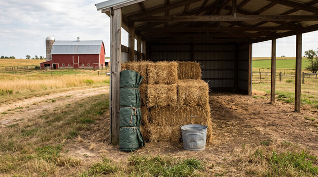 Hay bales in farm shelter near barn