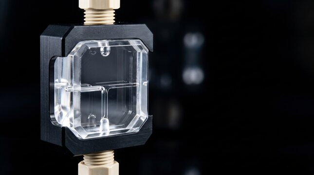 Macro technical shot of optical quartz window liquid sample flow cell unit with inlet fluidic fittings for laboratory laser diffraction particle size distribution analyzer instrumentation