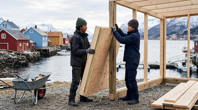 Two boys positioning wooden prefab panel
