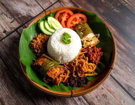 Traditional Indonesian Nasi Campur Served on Banana Leaf