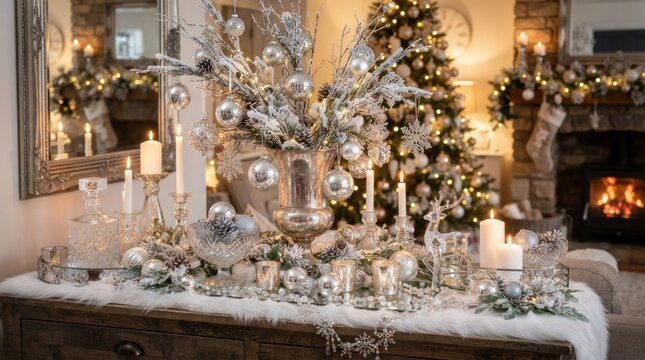 A beautifully decorated Christmas table with silver and white ornaments, candles, and a fireplace in the background.