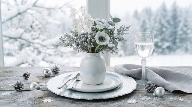 A festive holiday table setting with a vase of white flowers and a glass of water, set against a snowy winter landscape.