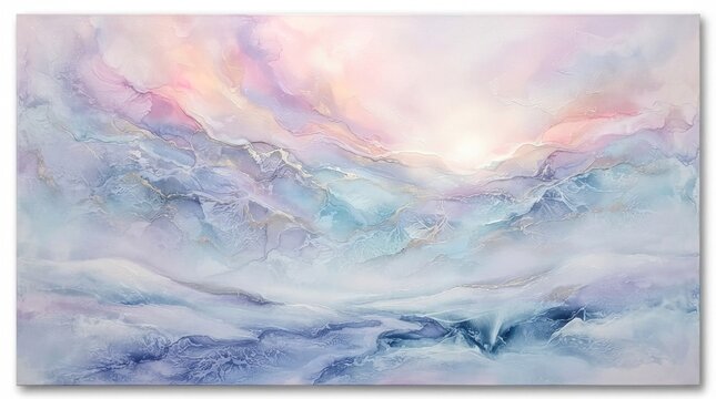 A serene, ethereal landscape with soft, pastel hues and a soft, ethereal sky, featuring a distant, glowing sun and a gentle, undulating horizon. 
