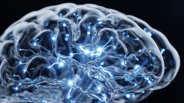 Glowing neural signals activate across a translucent brain, illustrating artificial intelligence, cognition, neuroscience, data processing, and digital