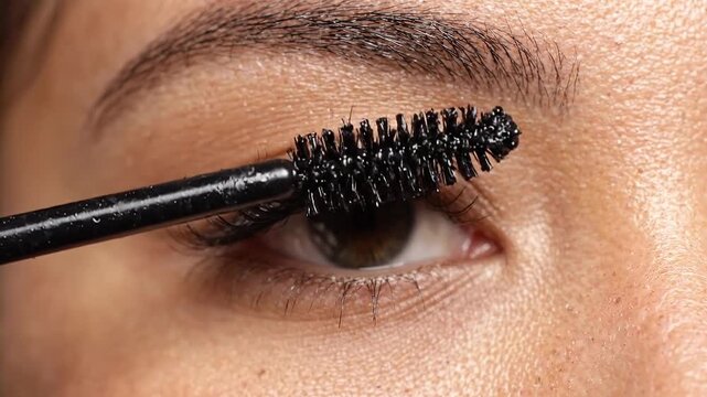 Woman applying mascara with a spoolie brush to separate, curl, and define eyelashes in a close-up beauty routine
