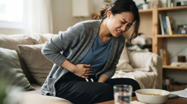 A woman experiencing abdominal pain, holding her stomach, sitting on a couch in a living room with a bowl of soup on the table.