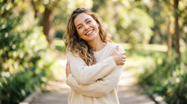 A woman with long, wavy hair, wearing a white sweater, standing in a park with trees and greenery in the background.