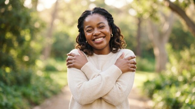 A young woman with braided hair, wearing a light-colored sweater, stands outdoors in a park setting with trees and greenery in the background.