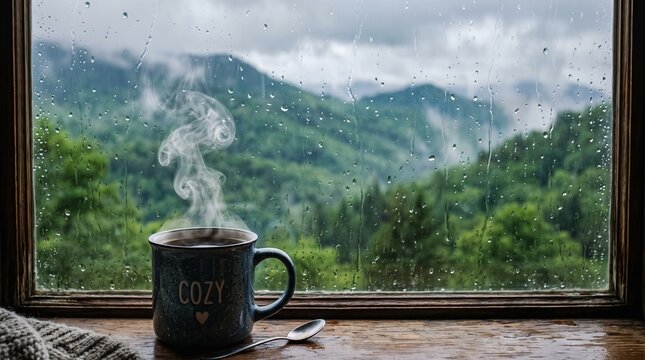 Cozy steaming coffee mug on rainy window sill, hot drink with steam and mountain view, moody rainy day atmosphere with forest landscape