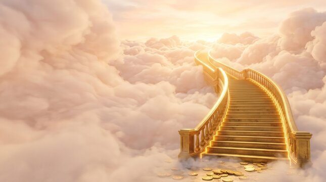 Golden staircase rising into soft fluffy clouds at sunrise symbolizing spiritual journey wealth achievement and heavenly success.
