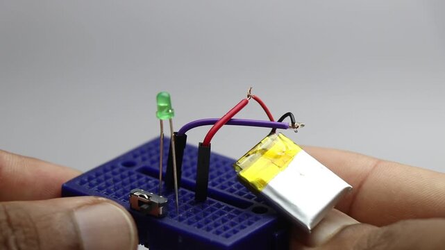 Green LED blinking on and off in a circuit with a switch, built on a mini breadboard and powered by a small lithium polymer battery