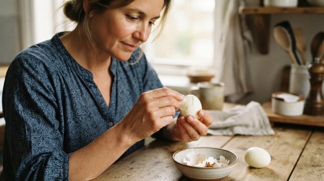 A woman in a blue shirt peeling an egg in a rustic kitchen setting.