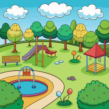Cartoon children playground in a public park with slide and playhouse illustration