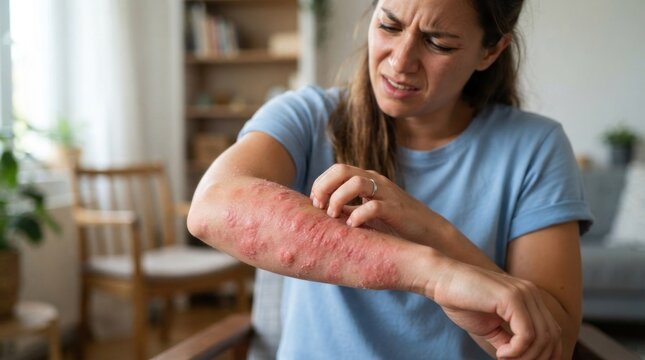 A woman with long brown hair, wearing a blue t-shirt, is holding her arm with a red rash on it, while looking at the rash with concern.