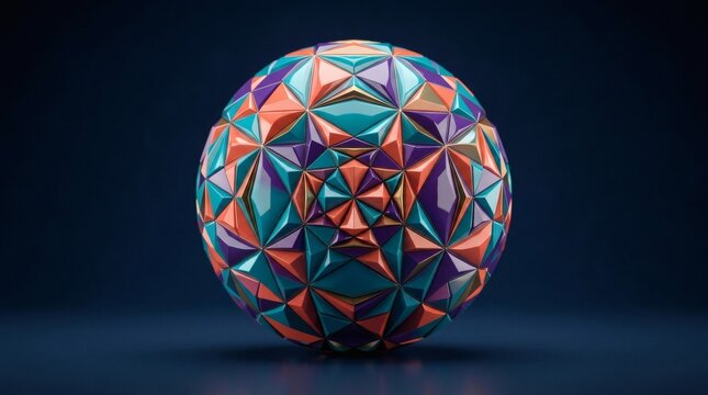Intricate spherical polyhedron with colorful metallic triangular panels in shades of teal purple and orange.