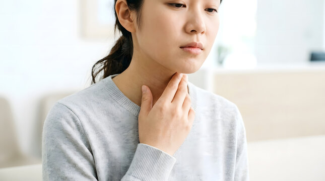 A young Asian woman in a close-up portrait, gently touching the front of her neck with one hand while experiencing mild throat discomfort. 