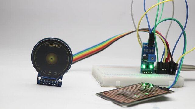 Rain sensor module activating as water droplets fall on the sensor plate with a round display module showing the status