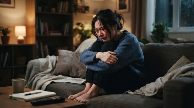 A woman sits on a couch, hugging herself, with a cup of coffee and a book nearby.