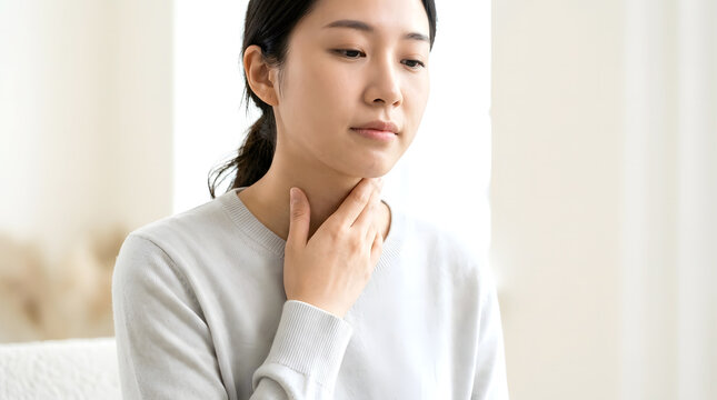 A young Asian woman in a close-up portrait, gently touching the front of her neck with one hand while experiencing mild throat discomfort. 