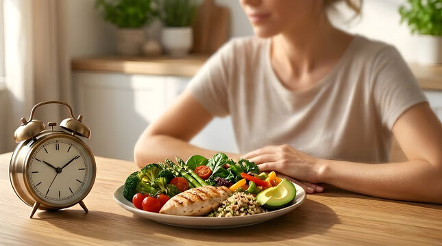 A classic alarm clock placed prominently on a wooden table represents the scheduled eating window and waiting period, conveying mindful eating, time-restricted eating, nutrition planning.
